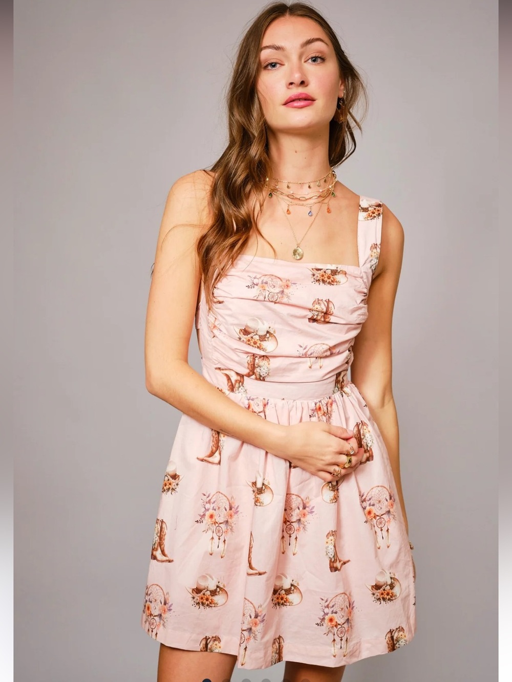 Blue b Pink Western Print Ruched Bodice Mini Dress